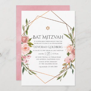Invitación Oro Rosa y Bat Floral Rosa Rubor Mitzvah