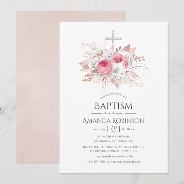 Invitación Oro Rosa y bautismo floral Rubor o cristianismo (Anverso / Reverso)