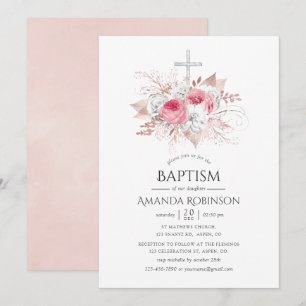 Invitación Oro Rosa y bautismo floral Rubor o cristianismo
