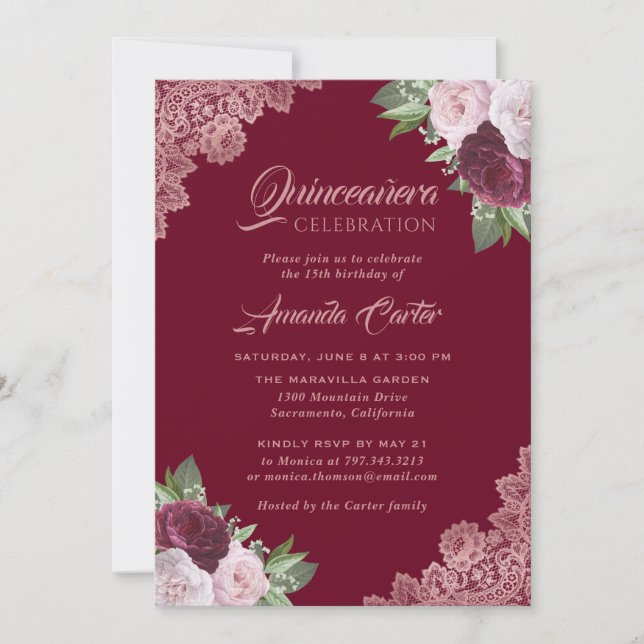 Invitación Oro Rosa y Borgoña Quinceañera 15º cumpleaños (Anverso)