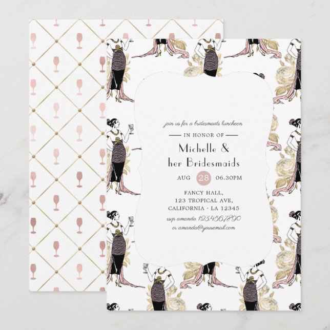 Invitación Oro Rosa y damas de honor de Rubor (Anverso / Reverso)