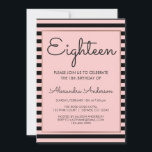 Invitación Oro Rosa y franja negra 18º cumpleaños<br><div class="desc">Rosa de oro y Black Girly striped decimoctava invitación de fiesta de cumpleaños para un bonito en la celebración rosa de cumpleaños 18. Esta invitación es perfecta para una fiesta de cumpleaños de 18 (dieciocho) de oro rosado y Girona negra. Póngase en contacto con el diseñador para obtener elementos coincidentes...</div>