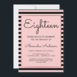 Invitación Oro Rosa y franja negra 18º cumpleaños<br><div class="desc">Rosa de oro y Black Girly striped decimoctava invitación de fiesta de cumpleaños para un bonito en la celebración rosa de cumpleaños 18. Esta invitación es perfecta para una fiesta de cumpleaños de 18 (dieciocho) de oro rosado y Girona negra. Póngase en contacto con el diseñador para obtener elementos coincidentes...</div>