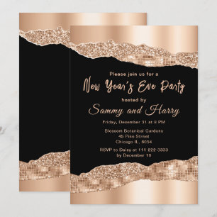 Invitación Oro Rosa y glam negro llora a Fiesta de Año Nuevo