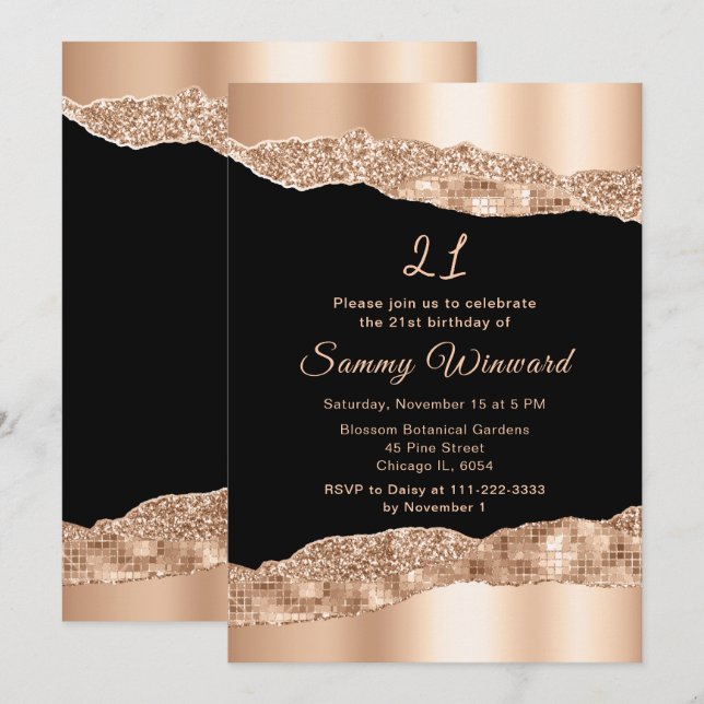 Invitación Oro Rosa y Glam Negro lloran fiesta de cumpleaños (Anverso / Reverso)