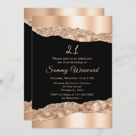 Invitación Oro Rosa y Glam Negro lloran fiesta de cumpleaños