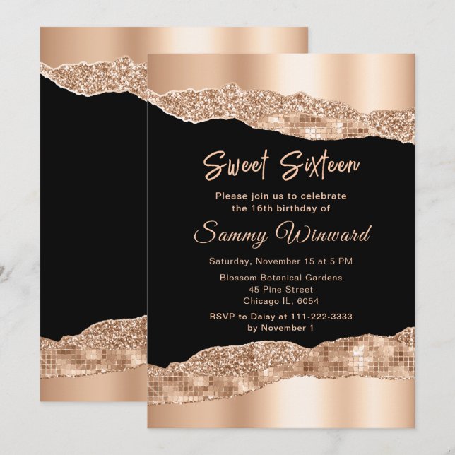 Invitación Oro Rosa y Lágrimas de Glam Negro Dulce Dieciséis (Anverso / Reverso)