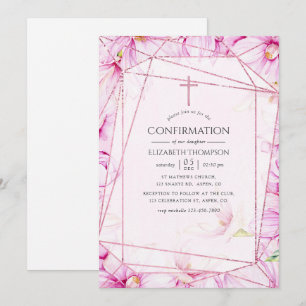 Invitación Oro Rosa y Magnolia Rosa Geométrica Confirmación