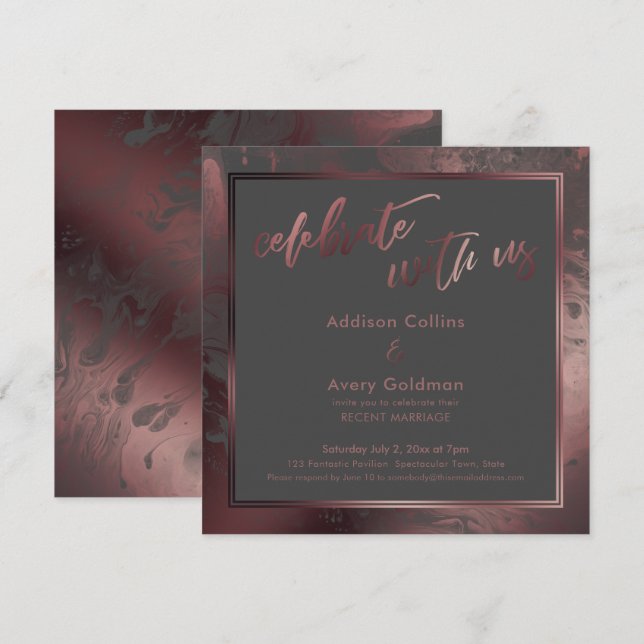 Invitación Oro Rosa y mármol gris oscuro celebran con nosotro (Anverso / Reverso)