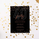 Invitación Oro Rosa y purpurina negro brillan 40 años<br><div class="desc">Esta magnífica 40ª invitación incluye discos de destello de oro rosa sobre fondo negro. Para una personalización más avanzada de este diseño,  por ejemplo,  cambiar el diseño,  el tamaño de letra o el tamaño del texto,  haga clic en el botón "PERSONALIZAR" de arriba. Por favor,  contáctame para cualquier pregunta.</div>