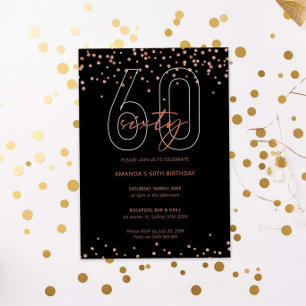 Invitación Oro Rosa y purpurina negro brillan cumpleaños 60
