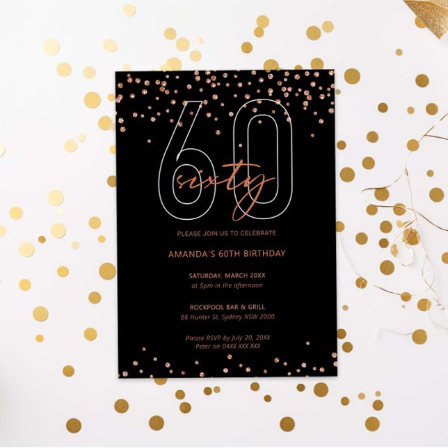 Invitación Oro Rosa y purpurina negro brillan cumpleaños 60 (Subido por el creador)