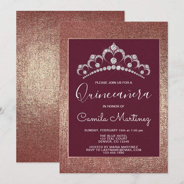 Invitación Oro Rosa y Quinceanera Borgoña con Tiara (Anverso / Reverso)