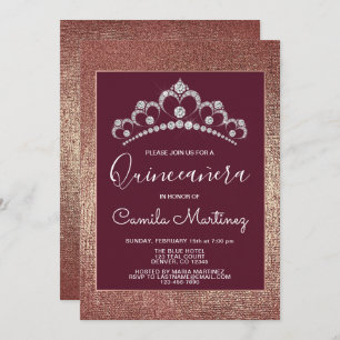 Invitación Oro Rosa y Quinceanera Borgoña con Tiara