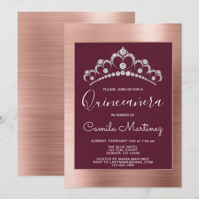 Invitación Oro Rosa y Quinceanera Borgoña con Tiara (Anverso / Reverso)
