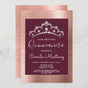 Invitación Oro Rosa y Quinceanera Borgoña con Tiara