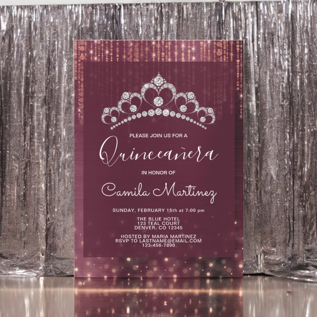 Invitación Oro Rosa y Quinceanera Borgoña con Tiara (Subido por el creador)