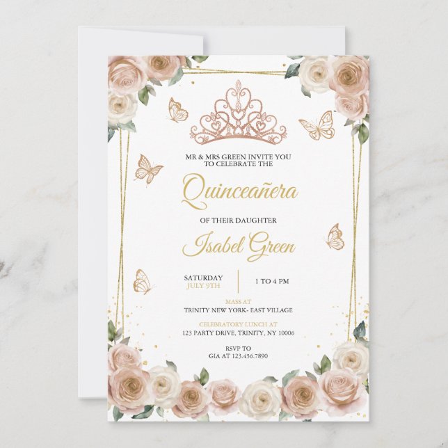 Invitación Oro rosa y Rosa Quinceañera (Anverso)