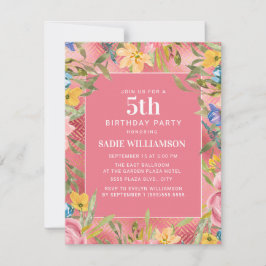 Invitación Oro rosado Amarillo Floral Azul Chica 5º cumpleaño