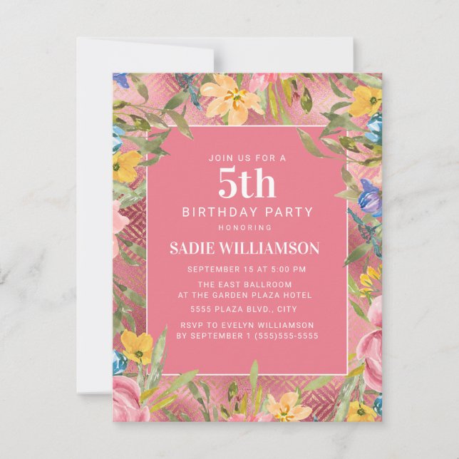 Invitación Oro rosado Amarillo Floral Azul Chica 5º cumpleaño (Anverso)