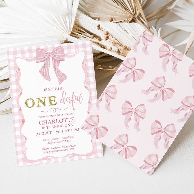 Invitación Oro rosado Bow no es maravilloso primer cumpleaños (Pink Bow Isn't She Onederful 1st Birthday Invitation Baby Girl,
Onederful First Birthday Invitation)