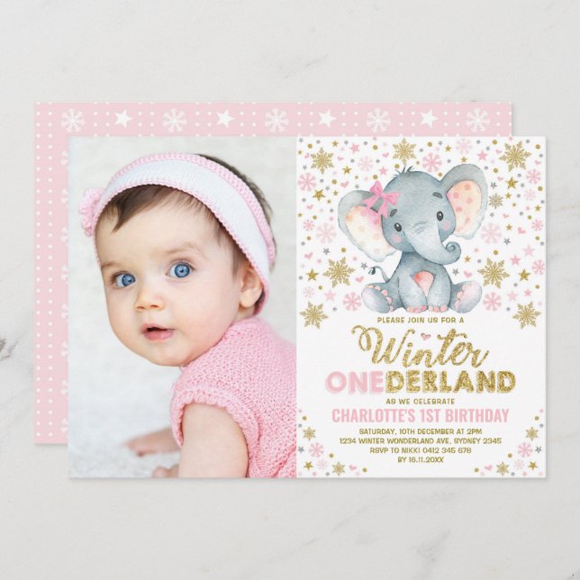 Invitación Oro rosado Invierno Elefante de Onederland Primer  (Anverso / Reverso)
