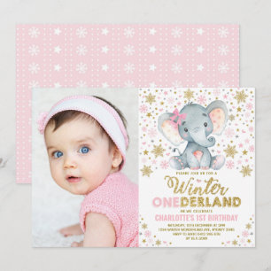 Invitación Oro rosado Invierno Elefante de Onederland Primer 