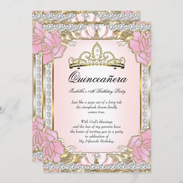 Invitación Oro rosado Quinceanera 15 cumpleaños 2 (Anverso / Reverso)