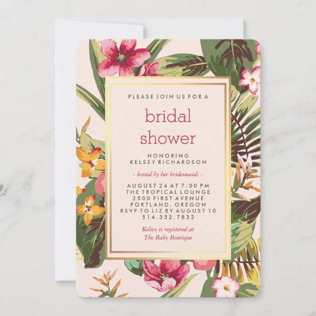Invitación Oro rosado tropical y ducha de novia verde (Anverso)
