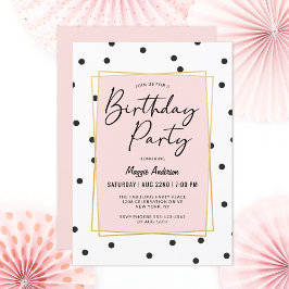 Invitación Oro rosado y confetti negro en la fiesta de cumple