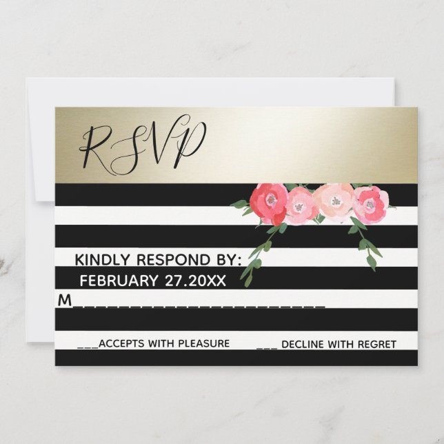 Invitación Oro Rosas con rayas negras/blancas boda RSPV (Anverso)
