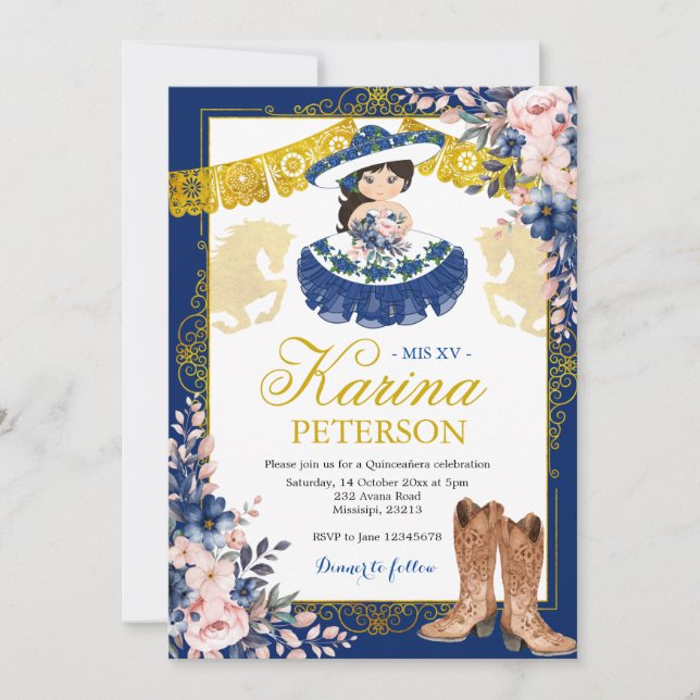 Invitación Oro Royal Blue Mis Quince Mexicanos Mis XV (Anverso)