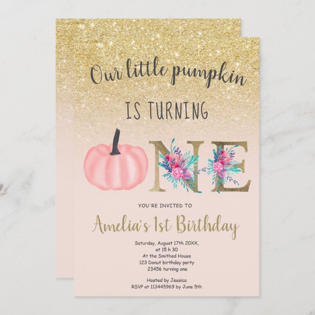 Invitación Oro rubio de otoño lindo calabaza primer cumpleaño (Anverso / Reverso)