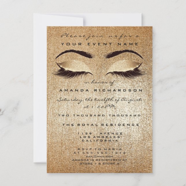 Invitación Oro Rubor maquillaje Ojos Purpurina 16ª novia (Anverso)