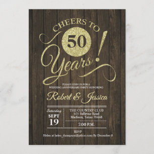 Invitación Oro rústico 50° aniversario Boda con madera