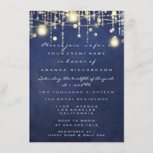 Invitación Oro Rústico de la Marina Azul Luces Jar Bridal Sho