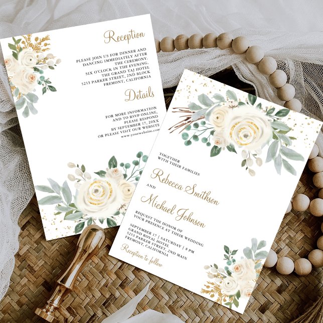 Invitación Oro Rústico Floral Marfil Todo en Uno Boda (Subido por el creador)