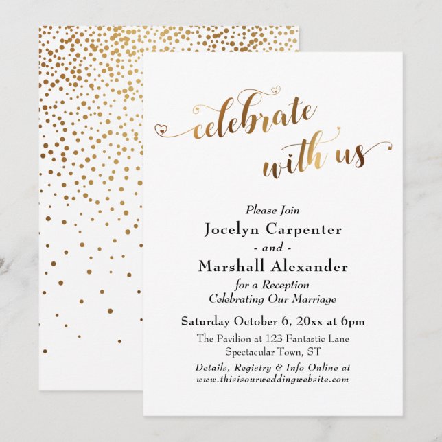 Invitación Oro Script Celebra con Nosotros Confeti Atrás (Anverso / Reverso)
