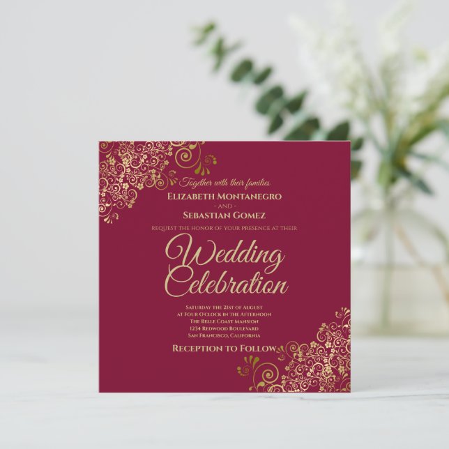 Invitación Oro sobre Cuadrado de Boda Simple y Elegante de Co (Anverso de pie)