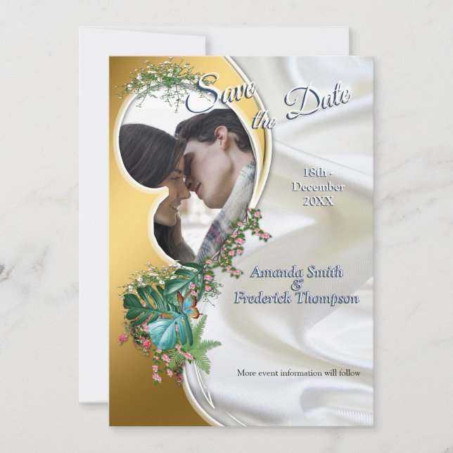 Invitación Oro sobre seda blanca con esplendor tropical (Anverso)