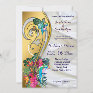 Invitación Oro sobre seda blanca con esplendor tropical