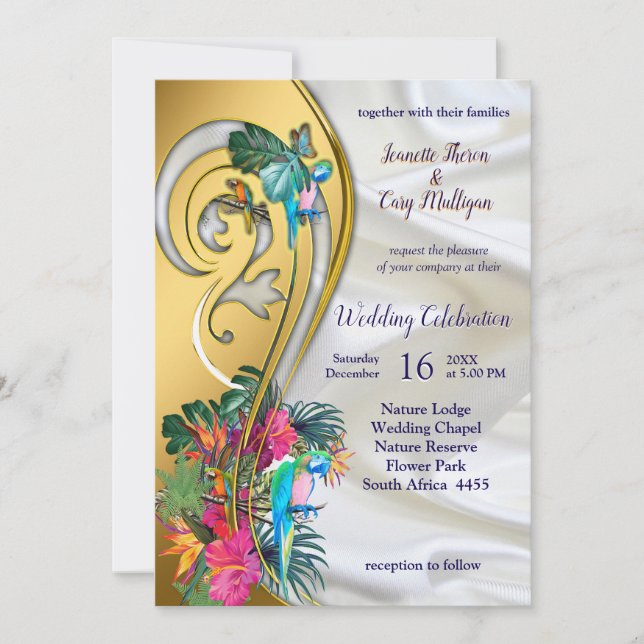 Invitación Oro sobre seda blanca con esplendor tropical (Anverso)