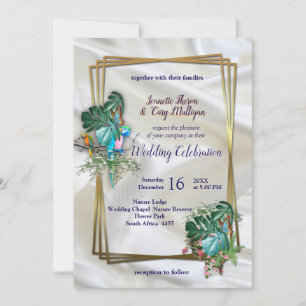 Invitación Oro sobre seda blanca con esplendor tropical