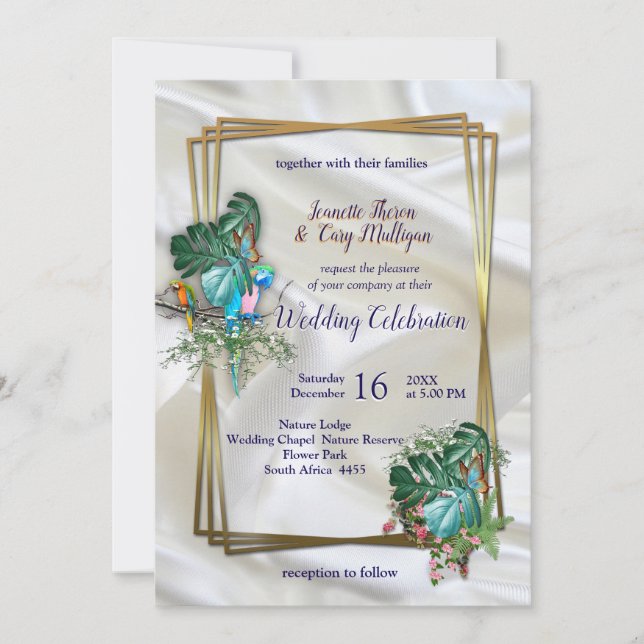 Invitación Oro sobre seda blanca con esplendor tropical (Anverso)