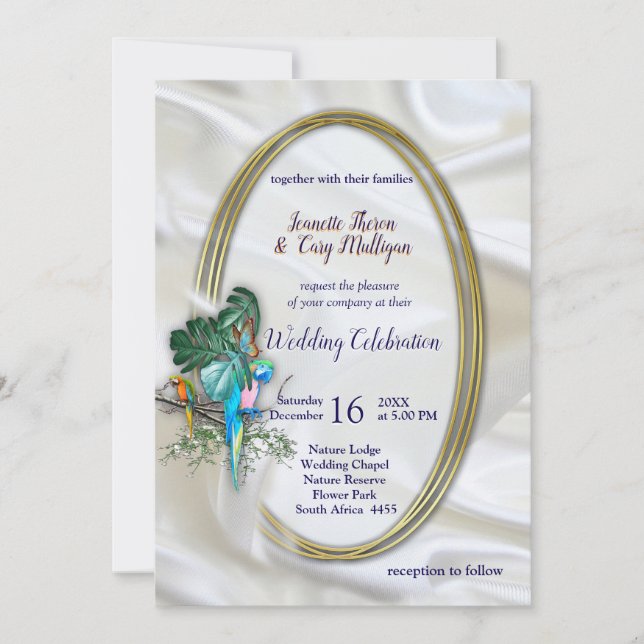 Invitación Oro sobre seda blanca con esplendor tropical (Anverso)