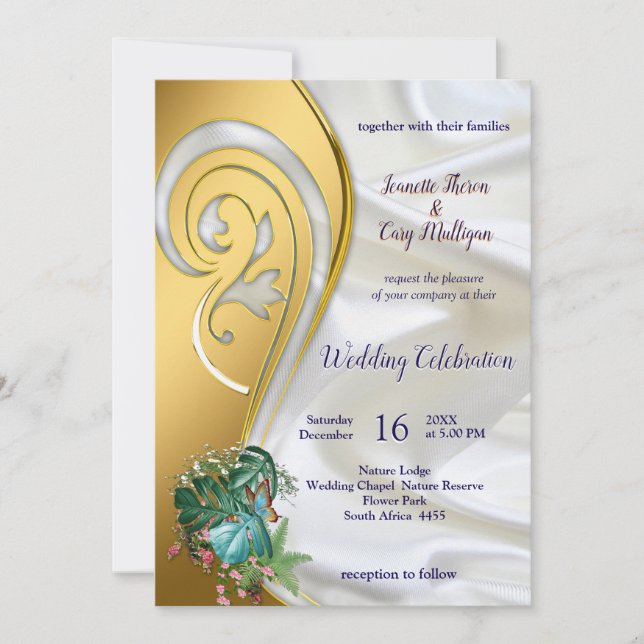 Invitación Oro sobre seda blanca con esplendor tropical (Anverso)