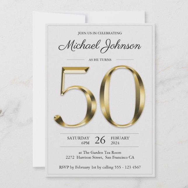 Invitación Oro sólido 50.º Fiesta elegante de luz de cumpleañ (Anverso)