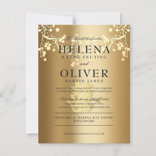 Invitación Oro Splendor Doble Felicidad | Boda chino (Anverso)