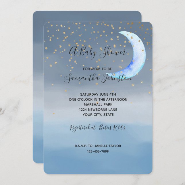 Invitación Oro Stars Moon Blue Ombre (Anverso / Reverso)