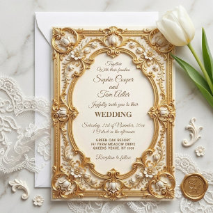 Invitación Oro Suave Opulencia Barroca Arte Tulipanes Blancos